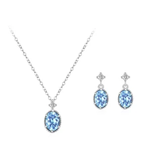 RENSINO S925 Sterling Silver Dreamy Sea Blue Oval Zircon Necklace Earrings Jewelry Set Party Birthday Gift 2 Piece Set for Women