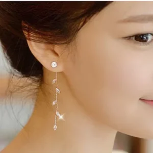 RENSINO S925 Sterling Silver Earrings Korean Fashion Crystal Earrings Long Leaves Diamond Back Earrings Silver Jewelry Accessories