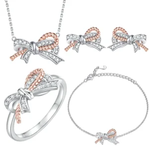 RENSINO S925 Sterling Silver Earrings Ring Design Twist Necklace Bracelet Bow Jewelry Set Four piece Set