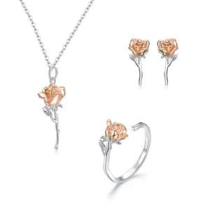 RENSINO S925 Sterling Silver Elegant Rose Ring Necklace Stud Earrings Rose Gold Flower Fashion Jewelry Set