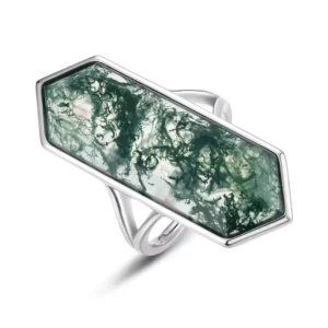 RENSINO S925 Sterling Silver Elongated Hexagon Green Moss Agate Open Ring for Women Boho Jewelry