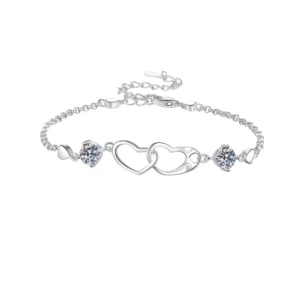 RENSINO S925 Sterling Silver Fashion Bracelet Romantic Double Ring Heart Shape with Moissanite Inlay Jewelry