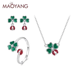 RENSINO S925 Sterling Silver Fashion Jewelry Earrings Necklace Ring Spring Clover Series Jewelry Set for Women