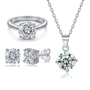 RENSINO S925 Sterling Silver Fashion Simple Jewelry Set Classic Stones and Zircon with Diamonds Halo for Wedding