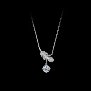 RENSINO S925 Sterling Silver Feather Pendant Necklace with Moissanite Stone Elegant Jewelry for Party Wedding Anniversary Gift
