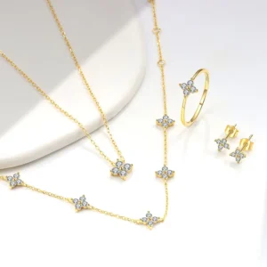 RENSINO S925 Sterling Silver Fine Four leaf Clover Jewelry Set for Women Includes Necklaces Bracelet Earrings Zircon Stones for Weddings