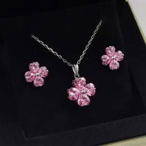 RENSINO S925 Sterling Silver Fine Jewelry Set for Women Love Earrings Four leaf Clover Heart Shaped Clavicle Chain Inlaid High End