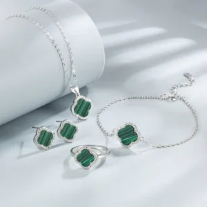 RENSINO S925 Sterling Silver Four leaf Clover Necklace Set Black Agate Bracelet Earrings Four leaf Clover Ring Set