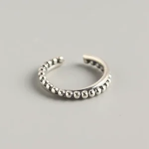 RENSINO S925 Sterling Silver Gemstone Classic Geometric Round Bead Ring for Women
