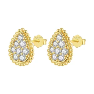 RENSINO S925 Sterling Silver Gold Droplet Stud Earrings with Brilliant Cut Moissanite Claw Setting GRA Certified Women’s Luxury Fashion