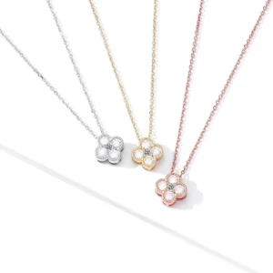RENSINO S925 Sterling Silver Gold Plated Jewelry Women’s Luxury Sparkling Diamond Lucky Four Leaf Clover Pendant Necklace Earrings Set