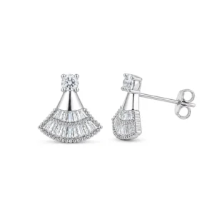 RENSINO S925 Sterling Silver Gold Plated Moissanite Stud Earrings Small Skirt Fan Shaped T Square Inlay Minimalist Style