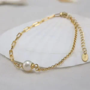 RENSINO S925 Sterling Silver Gold Plated Paperclip Circle Rolo Link Natural Freshwater Pearl Pendant Bracelet