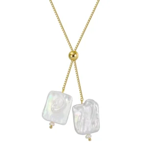 RENSINO S925 Sterling Silver Gold Plated Square Irregular Natural White Pearl Trendy Pendant Necklace