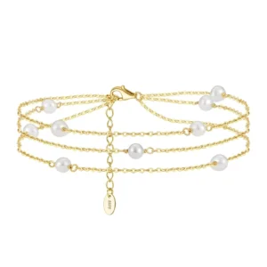 RENSINO S925 Sterling Silver Gold Small Fresh Baroque Pearl Three Row Elegant Anklet