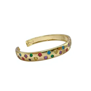 RENSINO S925 Sterling Silver Gold plated Iridescent Star Zircon Bangle Inlaid Colorful Sparkling Stars Unisex 40g