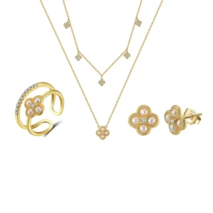 RENSINO S925 Sterling Silver Gold plated Jewelry Four leaf Clover Earrings Ring Pendant Necklace Female Jewelry Set
