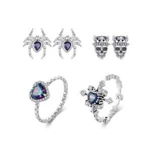 RENSINO S925 Sterling Silver Halloween Spider Skull Ring Earring Jewelry Set