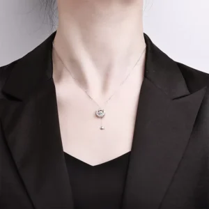 RENSINO S925 Sterling Silver Hello Kitty Pendant Necklace with Moissanite Graduation Cute Jewelry for Party Wedding Anniversary Gift