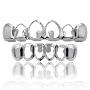 RENSINO S925 Sterling Silver Hip Hop Teeth Grillz for Teeth Fashion Top Bottom Hollow Tooth Dental Grills for Unisex Jewelry Party Gifts