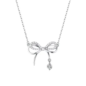 RENSINO S925 Sterling Silver INS Wind Zircon Bow Pendant Charm Heart Jewelry Gift