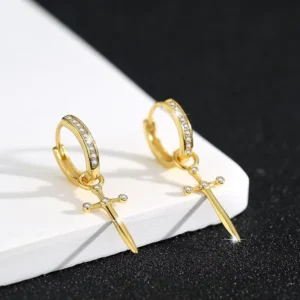 RENSINO S925 Sterling Silver Inlay White Zirconia Cross Pendant Hoop Earrings