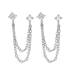 RENSINO S925 Sterling Silver Ins Style Chain Tassel Studded Earrings European and American Personality Trendy Earrings