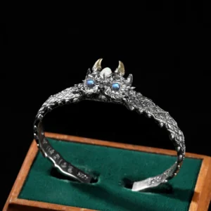 RENSINO S925 Sterling Silver Jewelry Mythical Beast Design Inlaid Opal Retro Guofeng Bracelet for Men Women Couple