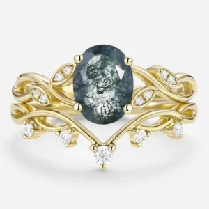 RENSINO S925 Sterling Silver Layered Set Ring Niche Design Natural Aquatic Plant Agate Moss Gemstone Plant Series Womens Jewelry