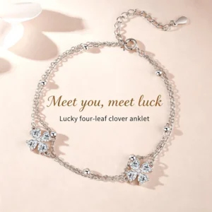 RENSINO S925 Sterling Silver Lucky Four-Leaf Clover Gemstone Inlay Ladies Summer Fashion Light Luxury Exquisite Foot Chain Anklet