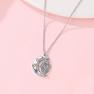 RENSINO S925 Sterling Silver Lucky Symbols Series Classic Charm Necklace with Geometric Zircon Link Chain