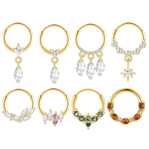 RENSINO S925 Sterling Silver Marquise Pendant Natural Stone Gold Plated Lip Ring CZ Labret Ring Nose Ear Body Piercing Fashion Jewelry