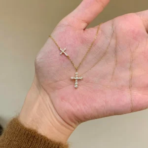 RENSINO S925 Sterling Silver Mini Double Cross Natural Diamond Necklace Women’s Vintage High End XN092 Clavicle