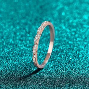 RENSINO S925 Sterling Silver Moissanite Ring Champagne Ripple Band Stackable Ring Minimalist Star Set Wedding Jewelry