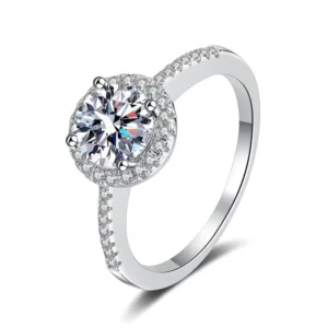 RENSINO S925 Sterling Silver Moissanite Rings Diamond Round Charm Design for Wedding or Engagement Stylish Jewelry