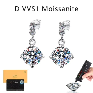 RENSINO S925 Sterling Silver Moissanite Stud Earrings for Women Four prong Earrings Tassel Earrings Silver Jewelry