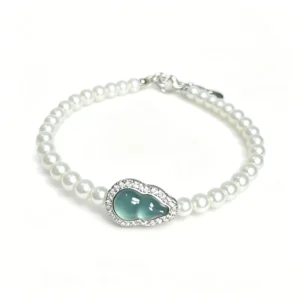 RENSINO S925 Sterling Silver Natural Baby Pearl Bracelet Blue Water Jadeite Gourd Charm Micro Paved Zircon Delicate Layering Jewelry