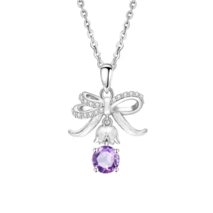 RENSINO S925 Sterling Silver Natural Gemstone Crystal Necklace with Amethyst Pendant Bow Design Women Jewelry Custom Gift Box