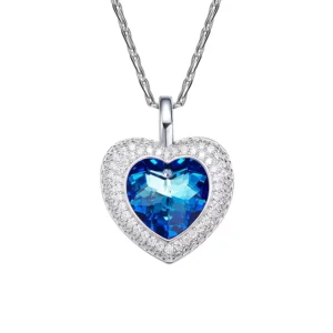 RENSINO S925 Sterling Silver Ocean Heart Pendant Women Blue Purple Color Crystal Necklace