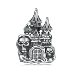 RENSINO S925 Sterling Silver Oxidized Ghost Castle Beaded Charm Pendant High Quality Halloween Gift Gold Vintage Zircon