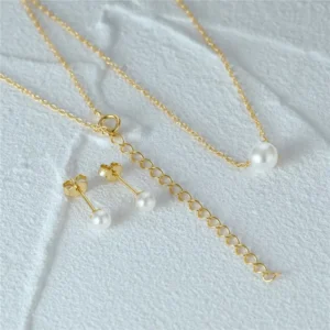 RENSINO S925 Sterling Silver Pearl Stud Earrings Necklace Set Clavicle Chain Jewelry Set