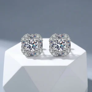 RENSINO S925 Sterling Silver Platinum Plated Luxury Moissanite Stud Earrings With Square Halo Round Brilliant Cut For Women