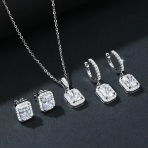 RENSINO S925 Sterling Silver Radiant Cut VVS D Color 1ct Moissanite Square Earrings Necklace for Women Jewelry Set