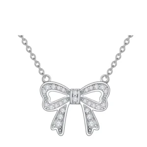 RENSINO S925 Sterling Silver Rhodium Plated Bow Pendant Necklace with Cut Zircon Accents Link Chain Women’s Classic Party Wedding Wear