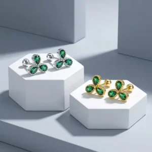 RENSINO S925 Sterling Silver Rhodium Plated Emerald Clover Stud Earrings For Women Lucky Flower Minimalist Niche Design Girlfriend Gift