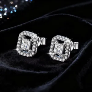 RENSINO S925 Sterling Silver Rhodium Plated Inlay Full Diamond Radiant Cut D Colour Moissanite Earrings for Women