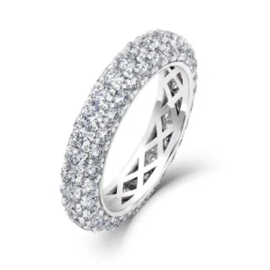 RENSINO S925 Sterling Silver Rhodium Plated Nickel Free Moissanite Full Pave GRA Certified Eternity Ring Cut Stackable Band for Her