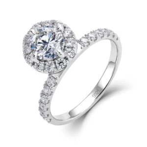 RENSINO S925 Sterling Silver Rhodium Plated Nickel Free Moissanite Halo Tension Set Pave Band GRA Certified Promise Engagement Ring For