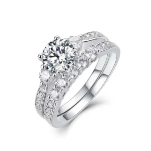 RENSINO S925 Sterling Silver Rhodium Plated Round Moissanite Side Stone Engagement Bridal Ring Set