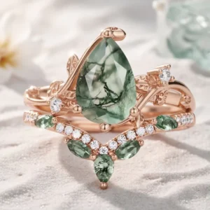 RENSINO S925 Sterling Silver Rose Gold Layered Set Ring Flower Branch Plant Moss Gemstone Natural Aquatic Plant Agate Womens Accessory